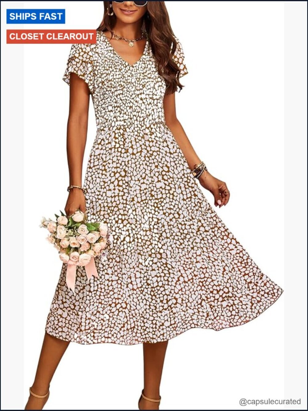 Ruffle Tiered Sleeve Smocked V Neck Midi Dress Floral Bohemian Wedding Guest